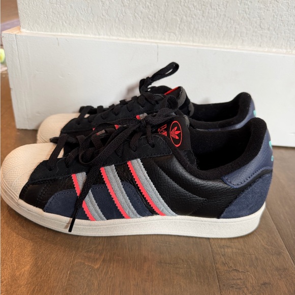 adidas Shoes - Adidas Women's Black and Blue Sneakers with Pink Accents